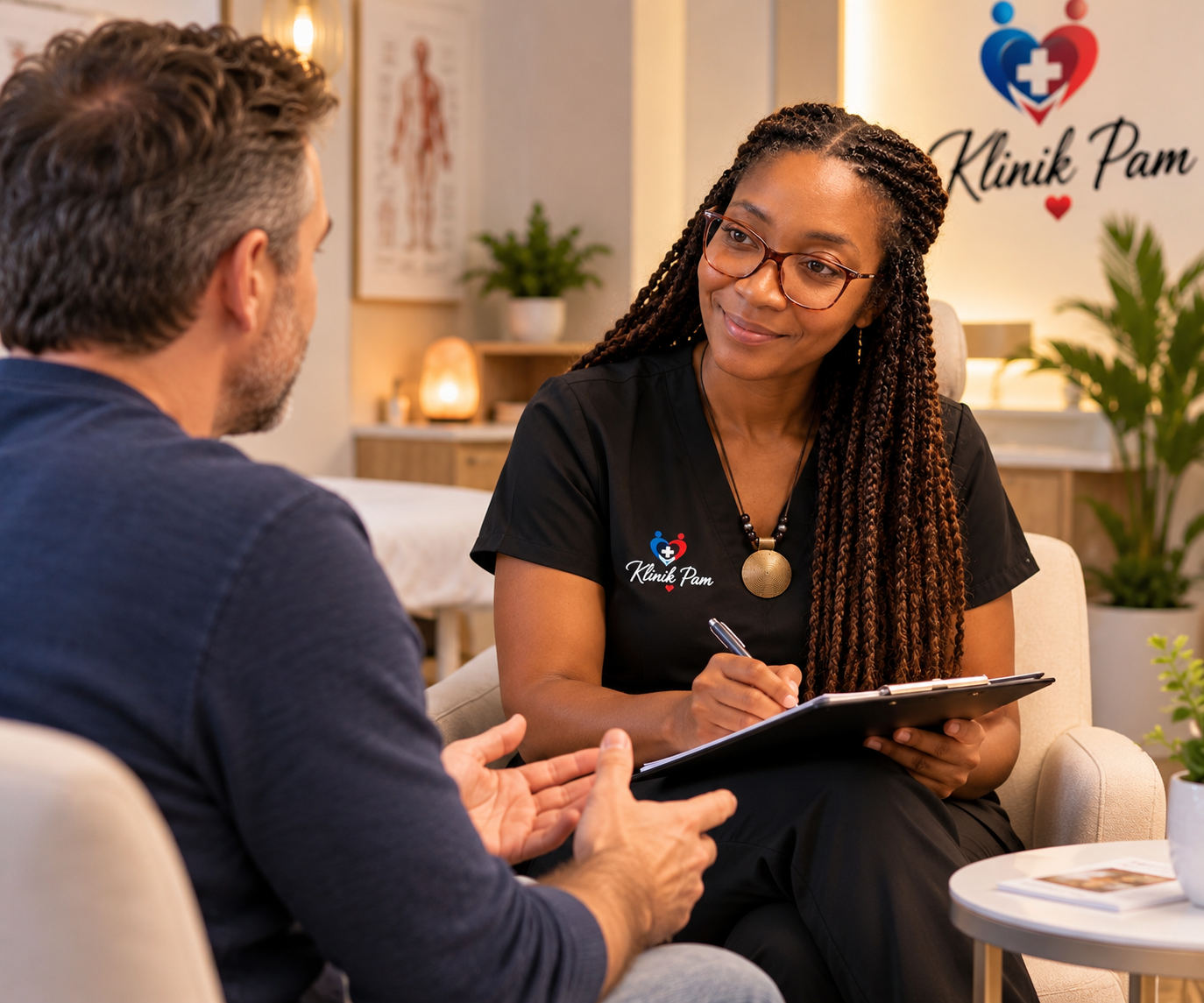 Une thérapeute de Klinik Pam, attentive et souriante, prend en note pendant un échange avec un patient