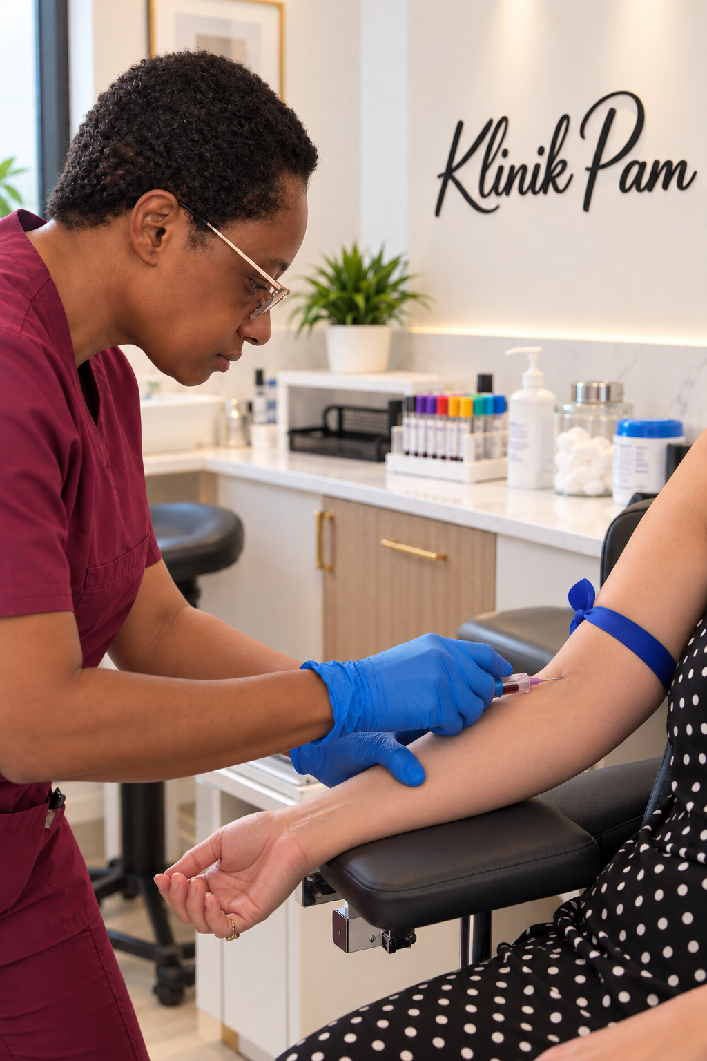 Une professionnelle de Klinik Pam effectue une prise de sang sur le bras d’une patiente, en clinique.